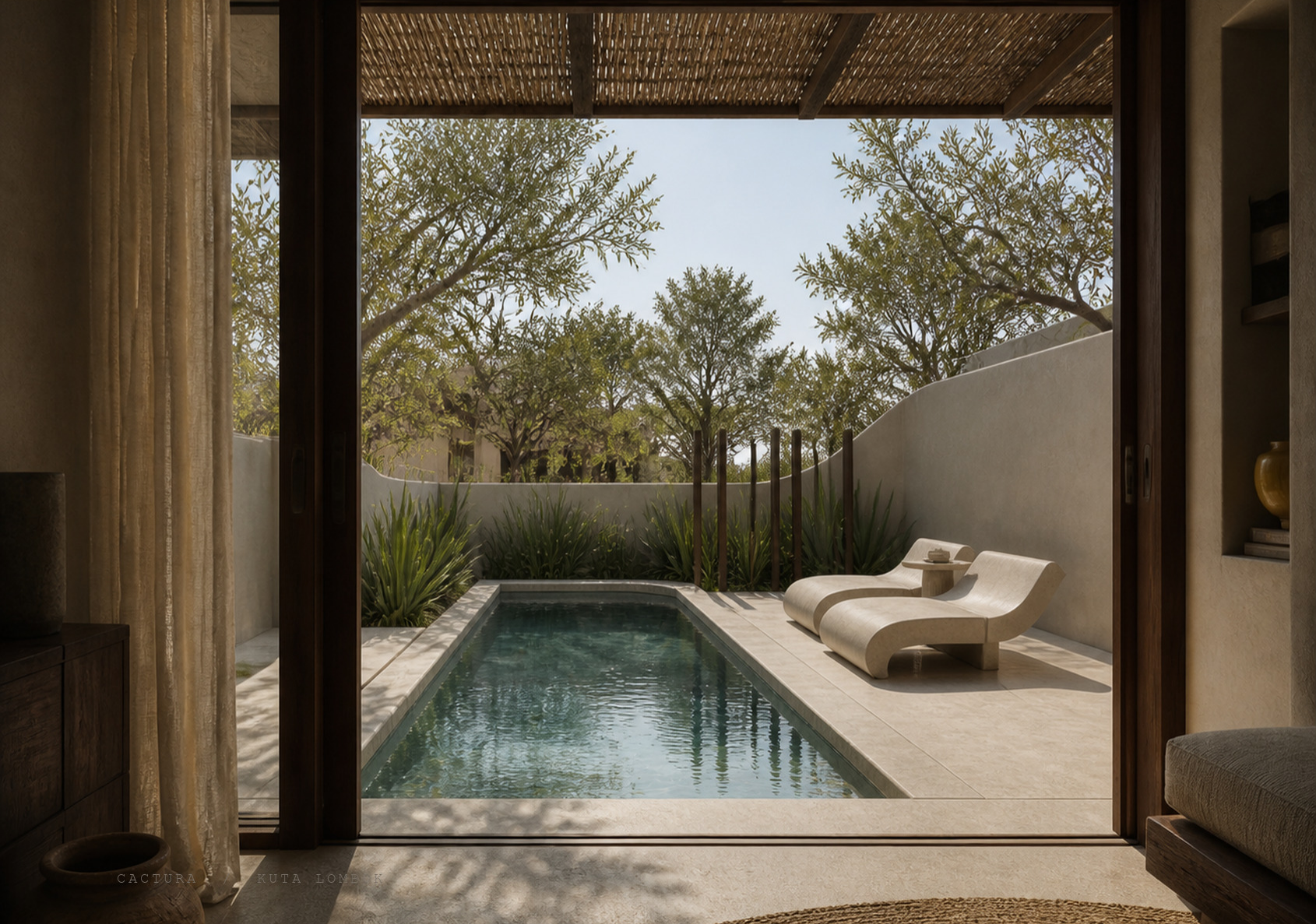 CACTURA Resort concept visualization showing a private pool and shaded indoor-outdoor space