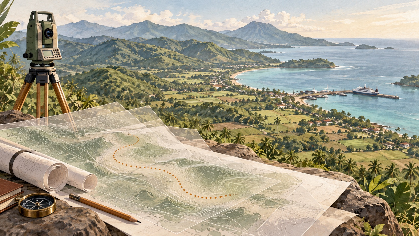 AI-generated illustration of survey equipment and planning drawings overlooking a fictional Lombok-inspired coastline and harbour